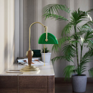 Brass and wood desk lamp with green glass shade chain pull switch and stepped concentric base by Ghidini 1849 - Finish: OBV Bronze Satin Light Brass