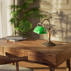 Petite brass and wood desk lamp with compact green shade and stepped concentric base in reduced format by Ghidini 1849 - Finish: OAS Antique Brass