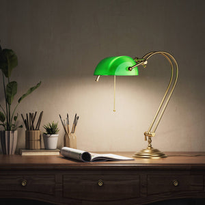 Classic banker's desk lamp with green glass shade and adjustable brass structure featuring dual joints and pull chain switch by Ghidini 1849 - Finish: OBS Bronze Satin Brass