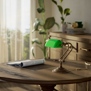 Mini banker's lamp with green glass shade and compact adjustable brass structure with dual joints and pull chain by Ghidini 1849 - Finish: OAS Antique Brass