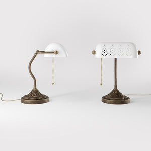 Art Nouveau table lamp with pierced white ceramic shade decorated brass base with floral motifs and pull chain by Ghidini 1849 - Finish: OAS Antique Brass