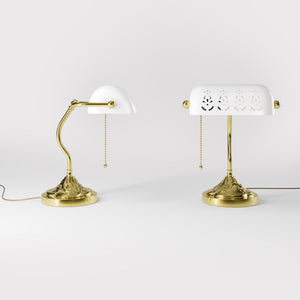 Art Nouveau table lamp with pierced white ceramic shade decorated brass base with floral motifs and pull chain by Ghidini 1849 - Finish: OLV Polished Brass