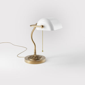 Art Nouveau table lamp with white glass shade sinuous brass stem decorated base with floral motifs and pull chain by Ghidini 1849 - Finish: OBS Bronze Satin Brass