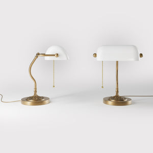 Art Nouveau table lamp with white glass shade sinuous brass stem decorated base with floral motifs and pull chain by Ghidini 1849 - Finish: OBS Bronze Satin Brass