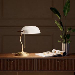 Art Nouveau table lamp with white glass shade sinuous brass stem decorated base with floral motifs and pull chain by Ghidini 1849 - Finish: OBS Bronze Satin Brass