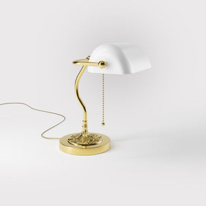 Art Nouveau table lamp with white glass shade sinuous brass stem decorated base with floral motifs and pull chain by Ghidini 1849 - Finish: OLV Polished Brass