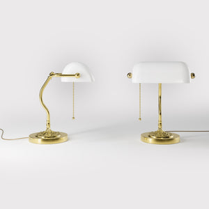 Art Nouveau table lamp with white glass shade sinuous brass stem decorated base with floral motifs and pull chain by Ghidini 1849 - Finish: OLV Polished Brass