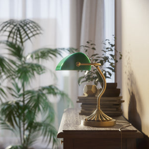 Art Deco desk lamp with green glass shade shell-shaped brass base with decorated design and sinuous stem by Ghidini 1849 - Finish: OBS Bronze Satin Brass