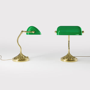 Art Deco desk lamp with green glass shade shell-shaped brass base with decorated design and sinuous stem by Ghidini 1849 - Finish: OLV Polished Brass