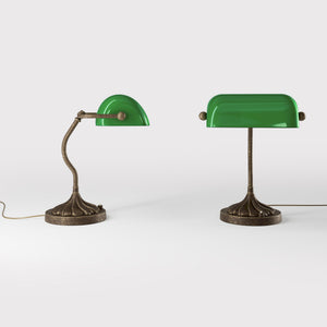 Retro table lamp with green glass shade spiral brass base with decorative design curved stem and button switch by Ghidini 1849 - Finish: OAS Antique Brass