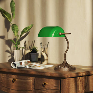 Retro table lamp with green glass shade spiral brass base with decorative design curved stem and button switch by Ghidini 1849 - Finish: OAS Antique Brass