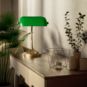 Retro table lamp with green glass shade spiral brass base with decorative design curved stem and button switch by Ghidini 1849 - Finish: OBS Bronze Satin Brass