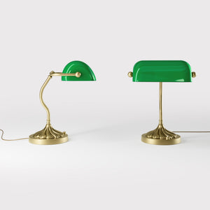 Retro table lamp with green glass shade spiral brass base with decorative design curved stem and button switch by Ghidini 1849 - Finish: OBV Bronze Satin Light Brass
