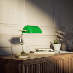 Retro table lamp with green glass shade spiral brass base with decorative design curved stem and button switch by Ghidini 1849 - Finish: OBV Bronze Satin Light Brass