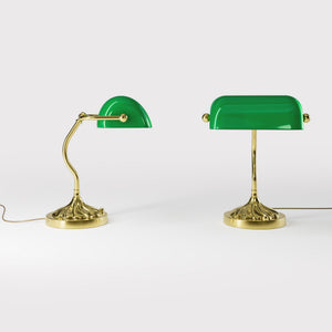 Retro table lamp with green glass shade spiral brass base with decorative design curved stem and button switch by Ghidini 1849 - Finish: OLV Polished Brass