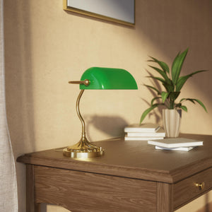 Retro table lamp with green glass shade spiral brass base with decorative design curved stem and button switch by Ghidini 1849 - Finish: OLV Polished Brass