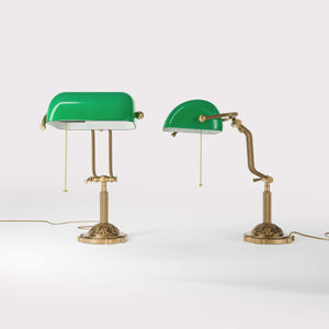 Banker's lamp with green glass shade double joint ornamental brass base with leaf motifs and pull chain by Ghidini 1849 - Finish: OBS Bronze Satin Brass