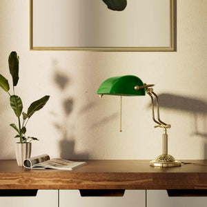 Banker's lamp with green glass shade double joint ornamental brass base with leaf motifs and pull chain by Ghidini 1849 - Finish: OBV Bronze Satin Light Brass