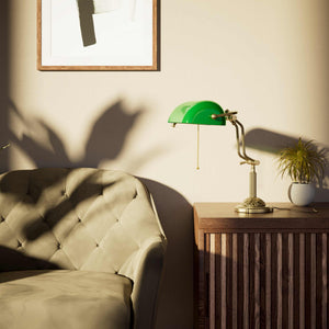 Banker's lamp with green glass shade double joint ornamental brass base with leaf motifs and pull chain by Ghidini 1849 - Finish: OBV Bronze Satin Light Brass