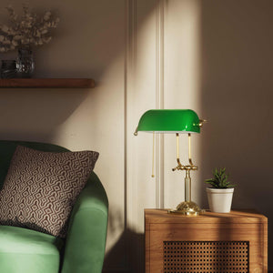 Banker's lamp with green glass shade double joint ornamental brass base with leaf motifs and pull chain by Ghidini 1849 - Finish: OLV Polished Brass