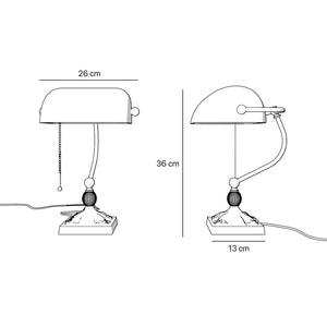 Banker’s lamp in brass with green glass shade, decorative base, and pull-chain switch. Elegant desk or decorative lighting by Ghidini 1849