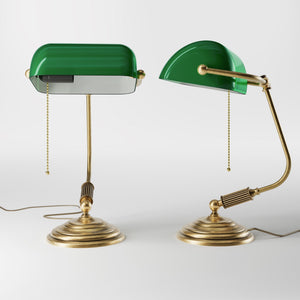 Banker’s lamp in brass with green shade, perfect for offices, studies, and classic interiors by Ghidini 1849 - Finish: OBS Bronze Satin Brass
