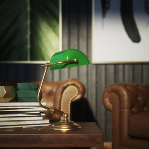 Banker’s lamp in brass with green shade, perfect for offices, studies, and classic interiors by Ghidini 1849 - Finish: OBS Bronze Satin Brass