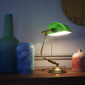 Banker’s lamp in brass with green shade, perfect for offices, studies, and classic interiors by Ghidini 1849 - Finish: OBS Bronze Satin Brass