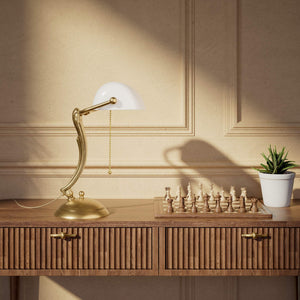Classic table lamp with white glass shade decorated brass stem shaped circular base and pull chain by Ghidini 1849 - Finish: OBS Bronze Satin Brass