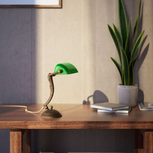 Small classic lamp with green glass shade decorated brass stem shaped circular base elegant design by Ghidini 1849 | Finish: OAS Antique Brass