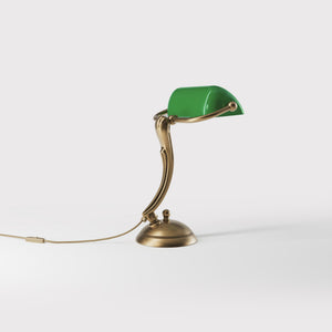 Small classic lamp with green glass shade decorated brass stem shaped circular base elegant design by Ghidini 1849 | Finish: OBS Bronze Satin Brass