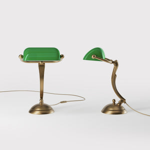 Small classic lamp with green glass shade decorated brass stem shaped circular base elegant design by Ghidini 1849 | Finish: OBS Bronze Satin Brass