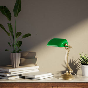 Small classic lamp with green glass shade decorated brass stem shaped circular base elegant design by Ghidini 1849 | Finish: OBS Bronze Satin Brass