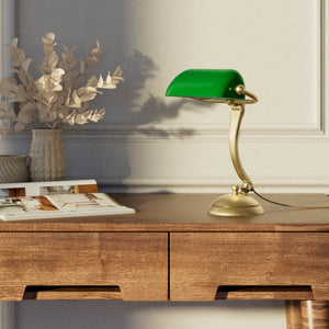Small classic lamp with green glass shade decorated brass stem shaped circular base elegant design by Ghidini 1849 | Finish: OBV Bronze Satin Light Brass