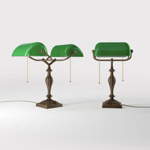 Double banker's table lamp brass green shades decorated base naturalistic motifs pull chains classic design Italian craftsmanship by Ghidini 1849 | Finish: OAS Antique Brass