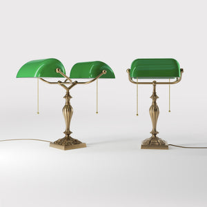 Double banker's table lamp brass green shades decorated base naturalistic motifs pull chains classic design Italian craftsmanship by Ghidini 1849 | Finish: OBS Bronze Satin Brass