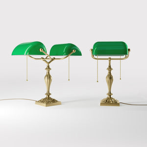 Double banker's table lamp brass green shades decorated base naturalistic motifs pull chains classic design Italian craftsmanship by Ghidini 1849 | Finish: OBV Bronze Satin Light Brass
