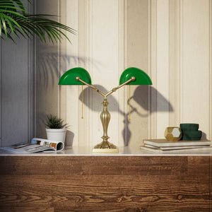 Double banker's table lamp brass green shades decorated base naturalistic motifs pull chains classic design Italian craftsmanship by Ghidini 1849 | Finish: OBV Bronze Satin Light Brass