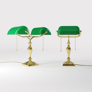 Double banker's table lamp brass green shades decorated base naturalistic motifs pull chains classic design Italian craftsmanship by Ghidini 1849 | Finish: OLV Polished Brass