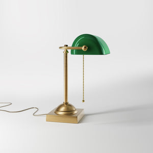 Vintage brass banker’s lamp with green shade, retro design perfect for desks and elegant offices by Ghidini 1849 - Finish: OBS Bronze Satin Brass
