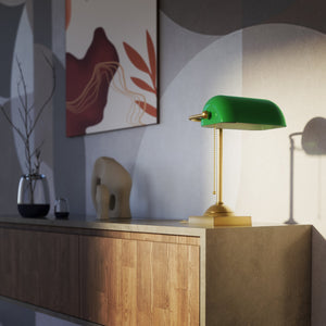 Vintage brass banker’s lamp with green shade, retro design perfect for desks and elegant offices by Ghidini 1849 - Finish: OBS Bronze Satin Brass