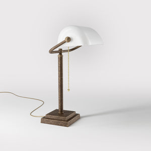 Banker's desk lamp with white glass shade and brass structure, geometric base and golden pull chain for operation by Ghidini 1849 - Finish: OAS Antique Brass