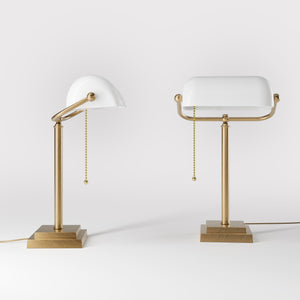Banker's desk lamp with white glass shade and brass structure, geometric base and golden pull chain for operation by Ghidini 1849 - Finish: OBS Bronze Satin Brass