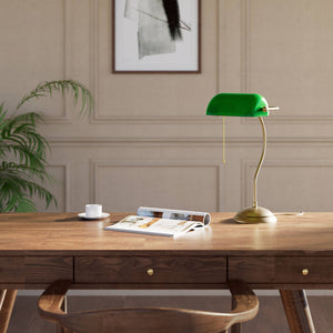 Banker's lamp with curved stem, green glass shade and domed brass base, golden pull chain for operation by Ghidini 1849 - Finish: OBS Bronze Satin Brass