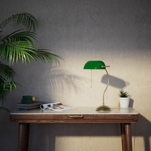 Banker's lamp with curved stem, green glass shade and domed brass base, golden pull chain for operation by Ghidini 1849 - Finish: OBV Bronze Satin Light Brass