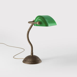 Mini banker's lamp with green glass shade and curved stem, domed brass base, compact design by Ghidini 1849 - Finish: OAS Antique Brass