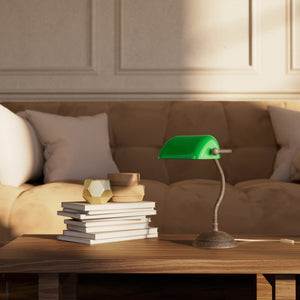 Mini banker's lamp with green glass shade and curved stem, domed brass base, compact design by Ghidini 1849 - Finish: OAS Antique Brass