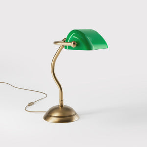 Mini banker's lamp with green glass shade and curved stem, domed brass base, compact design by Ghidini 1849 - Finish: OBS Bronze Satin Brass