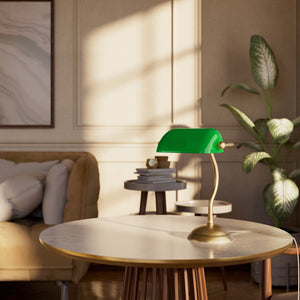 Mini banker's lamp with green glass shade and curved stem, domed brass base, compact design by Ghidini 1849 - Finish: OBS Bronze Satin Brass