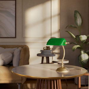 Mini banker's lamp with green glass shade and curved stem, domed brass base, compact design by Ghidini 1849 - Finish: OBS Bronze Satin Brass